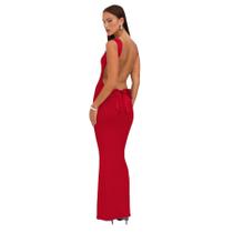 Vestido Maxi Sexy RARITYUS - Gola Alta, Sem Encosto, em Cetim com Laço Vermelho