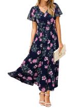 Vestido maxi Simplee, vestuário floral, azul marinho, chiffon para mulheres Vestido maxi Simplee, vestuário floral, azul marinho, chiffon para mulheres
