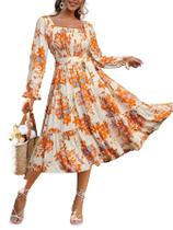 Vestido maxi simples feminino boho floral com gola quadrada laranja