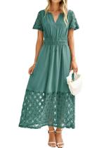 Vestido maxi simples feminino com decote em V azul-petróleo de verão com bolsos L