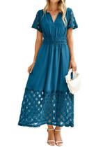 Vestido maxi simples feminino de verão com decote em V, manga curta, azul M