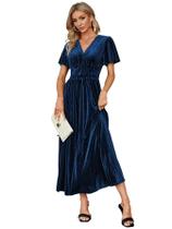 Vestido maxi simples feminino, manga curta, veludo, decote em V, azul marinho
