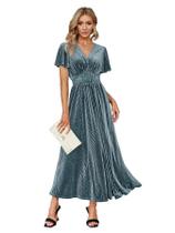 Vestido maxi simples feminino, manga curta, veludo, decote em V, cinza, azul