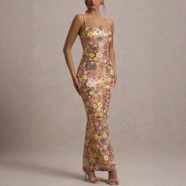 Vestido Maxi Slim Fit Com Patchwork De Lantejoulas Florais, Sem Alças, Sem Mangas, Sexy, Para Festas