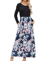 Vestido maxi Supnier Outono de manga comprida com estampa floral rosa XXL Vestido maxi Supnier Outono de manga comprida com estampa floral rosa XXL