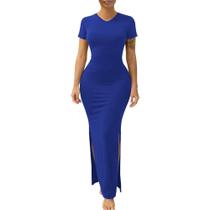 Vestido maxi TOPSRANI com decote em V, mangas curtas, duplo lado, dividido