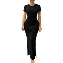 Vestido maxi TOPSRANI com decote em V, mangas curtas, duplo lado, dividido