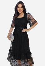 Vestido Maxi Tule Bordado Feminino Forrado Cinto Moda Modesta Casual Social Evangélica