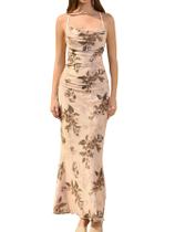 Vestido maxi URYIAO, floral de verão, malha franzida, Bodycon, bege, L