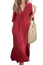 Vestido Maxi Utcoco - Algodão e Linho, Decote V, Manga 3/4
