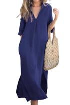 Vestido maxi utcoco, algodão, linho, decote em V, manga 3/4, fenda lateral Vestido maxi utcoco, algodão, linho, decote em V, manga 3/4, fenda lateral