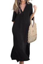 Vestido maxi utcoco feminino de algodão, linho, decote em V, manga 3/4