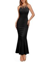 Vestido maxi VFSHOW recortado Halter Wedding Guest, preto Vestido maxi VFSHOW recortado Halter Wedding Guest, preto