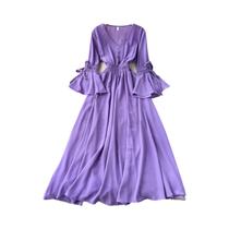 Vestido Maxi Vintage Plissado Para Mulheres, Decote Em V, Manga Larga, Renda, Vestido De Verão Em