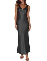 Vestido maxi VUBIYA elegante de cetim com decote em V sem encosto para mulheres Vestido maxi VUBIYA elegante de cetim com decote em V sem encosto para mulheres