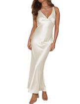 Vestido maxi VUBIYA elegante de cetim com decote em V sem encosto para mulheres Vestido maxi VUBIYA elegante de cetim com decote em V sem encosto para mulheres