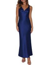 Vestido maxi VUBIYA, elegante de cetim, decote em V, sem encosto, azul marinho, feminino Vestido maxi VUBIYA, elegante de cetim, decote em V, sem encosto, azul marinho, feminino