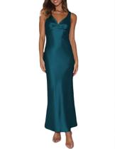 Vestido maxi VUBIYA, elegante de cetim, decote em V, sem encosto, azul-petróleo, feminino Vestido maxi VUBIYA, elegante de cetim, decote em V, sem encosto, azul-petróleo, feminino