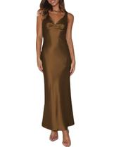 Vestido maxi VUBIYA, elegante de cetim, decote em V, sem encosto, marrom, feminino Vestido maxi VUBIYA, elegante de cetim, decote em V, sem encosto, marrom, feminino