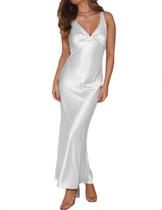 Vestido maxi VUBIYA, gravata de seda, lombar, cetim para mulheres, branco Vestido maxi VUBIYA, gravata de seda, lombar, cetim para mulheres, branco