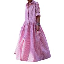 Vestido Maxi Xadrez Retrô Chouyatou - Rosa com Botões