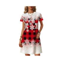Vestido Maxi Xadrez Vermelho E Preto Com Estampa De Floco De Neve, Manga Curta, Modelo Evasê, Para