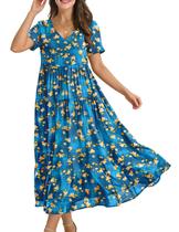 Vestido maxi YESNO feminino floral de verão com decote em V com bolsos