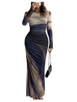 Vestido maxi yontuxa feminino Tie Dye de manga comprida azul Vestido maxi yontuxa feminino Tie Dye de manga comprida azul