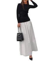 Vestido maxi YOXUA, manga comprida, patchwork, linha A, cinza para mulheres