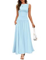 Vestido maxi ZESICA 2025 sem mangas com gola redonda fluida e bolsos Vestido maxi ZESICA 2025 sem mangas com gola redonda fluida e bolsos