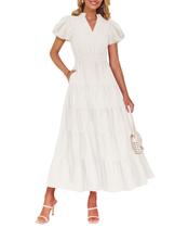 Vestido maxi ZESICA, casual de verão, decote em V, babado, branco