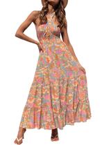 Vestido maxi ZESICA Summer Crossover com gola alta, xadrez, cinza, verde Vestido maxi ZESICA Summer Crossover com gola alta, xadrez, cinza, verde