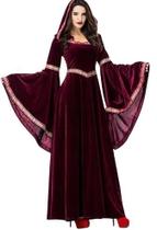 Vestido medieval bordo mangas longas luxo com touca