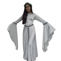 Vestido Medieval Renascença Branco Mangas Flair Mega Longa Galadriel