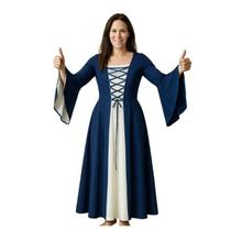 Vestido medieval tecido leve azul marinho e branco