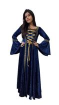 Vestido Medieval Tradicional Azul Marinho Luxo fitas