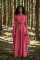 Vestido medieval viscolycra salmão rose com forro leve mangas longas delicado Vestido medieval viscolycra salmão rose com forro leve mangas longas delicado