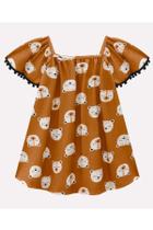 Vestido Menina Algodão Estampa Tigre com Mini Pompons Kyly Vestido Menina Algodão Estampa Tigre com Mini Pompons Kyly