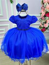 Vestido Menina Bonita Azul Royal com Peito Rendado e Laço