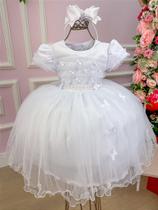 Vestido Menina Bonita Branco com Borboletas e Tule no Peito Vestido Menina Bonita Branco com Borboletas e Tule no Peito