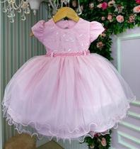 Vestido Menina Bonita Carolina Rosa Bebê com Detalhes em Strass e Laço
