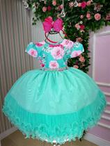Vestido Menina Bonita Jardim Encantado Maiza Verde - Tecido Tafetá e Tule