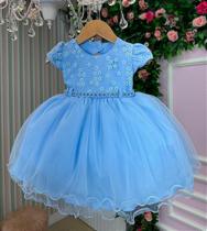 Vestido Menina Bonita Magali Florzinha Azul Bebê - Confeccionado em Tecido Tafeta