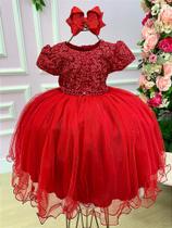 Vestido Menina Bonita Vermelho com Peito Rendado e Florzinha