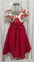 Vestido Menina Elegante Florido e Saia Lisa Vermelho