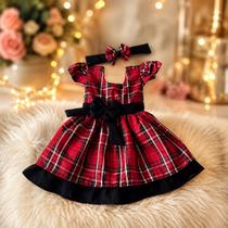 Vestido Menina Elegante Infantil Xadrez Vermelho Escuro Laço Preto Vestido Menina Elegante Infantil Xadrez Vermelho Escuro Laço Preto