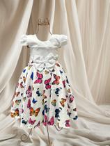Vestido Menina Infantil Elegante Branco Busto Liso Saia Borboletas Vestido Menina Infantil Elegante Branco Busto Liso Saia Borboletas