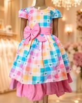Vestido Menina Infantil Elegante Junina Xadrez Corações Rosa Vestido Menina Infantil Elegante Junina Xadrez Corações Rosa