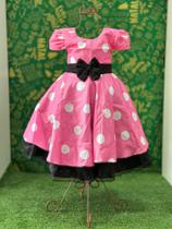 Vestido Menina Infantil Elegante Luxo Rosa Bolinhas Brancas Minnie Rosa