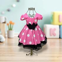 Vestido Menina Infantil Elegante Luxo Rosa Bolinhas Brancas Minnie Rosa